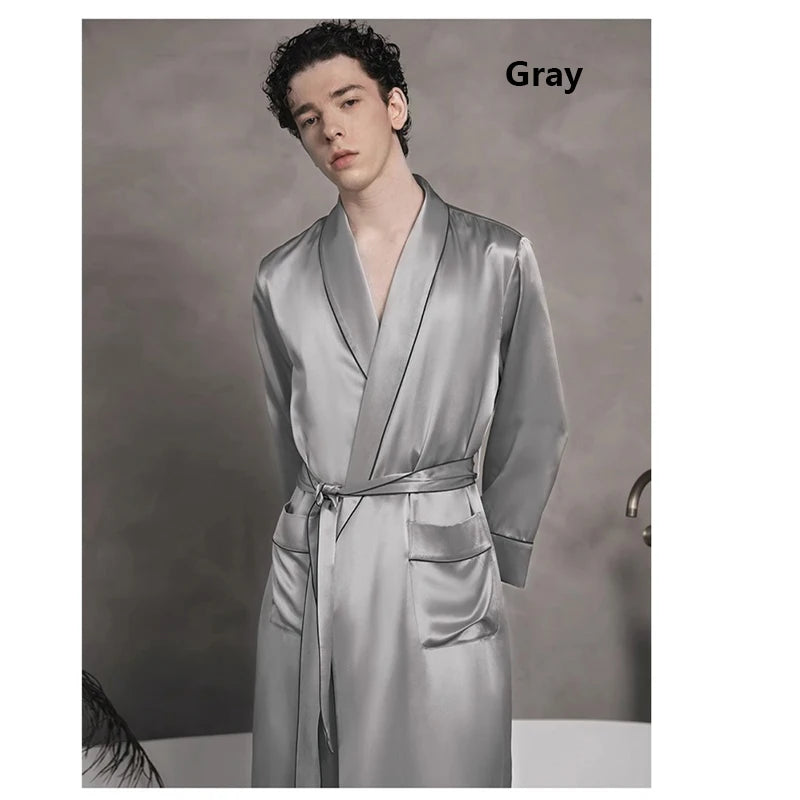 100% Natural Silk Men's Long Nightgown Navy Blue Casual Lounging Dress Comfortable Loose Size 5XL Weight 150KG Pajamas Cool