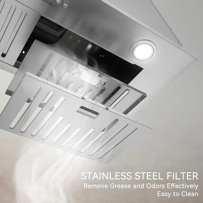 30 inch Built-in Range Hood, 600 CFM, 3 Speed, Ducted/Ductless, Stainless Steel with LED Light and Baffle Filters