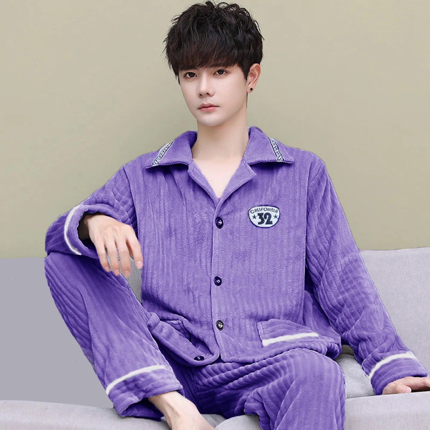 Men's Thickened Flannel Pajamas Coral Fleece Home Clothes Cardigan Set Long Sleeve Long Pants Soft Warm Winter Autumn Sleepwear