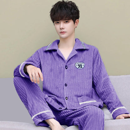 Men's Thickened Flannel Pajamas Coral Fleece Home Clothes Cardigan Set Long Sleeve Long Pants Soft Warm Winter Autumn Sleepwear
