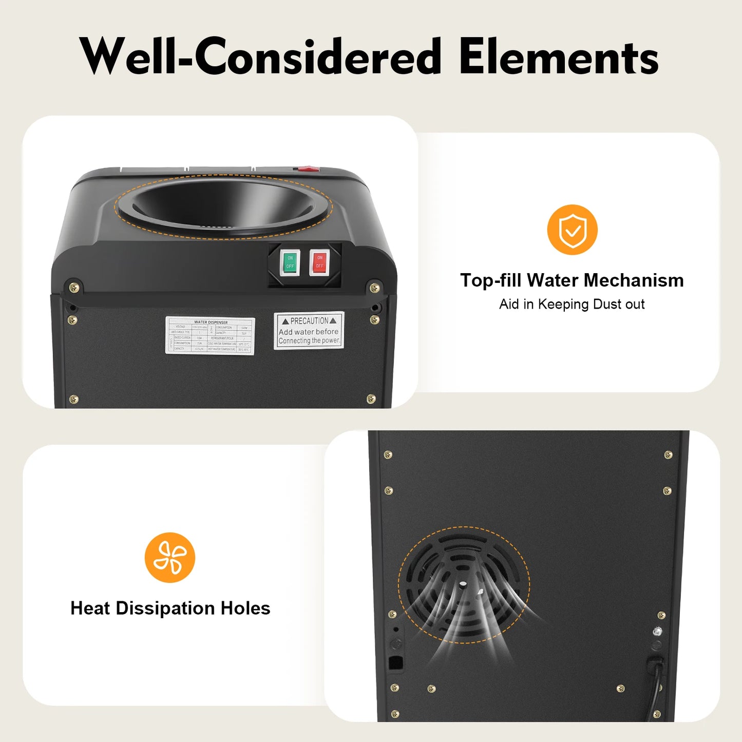 Water Dispenser Black Rectangle PP Injection Molding Floor Standing US Plug 110 127V 60Hz 1.5m Cord 75W Cooling 550W Heating 0.75L H Cold Output 5L H Hot Output Cold Water 10 15℃ Hot Water 85 95℃ Max 18.9L Bucket Indoor A