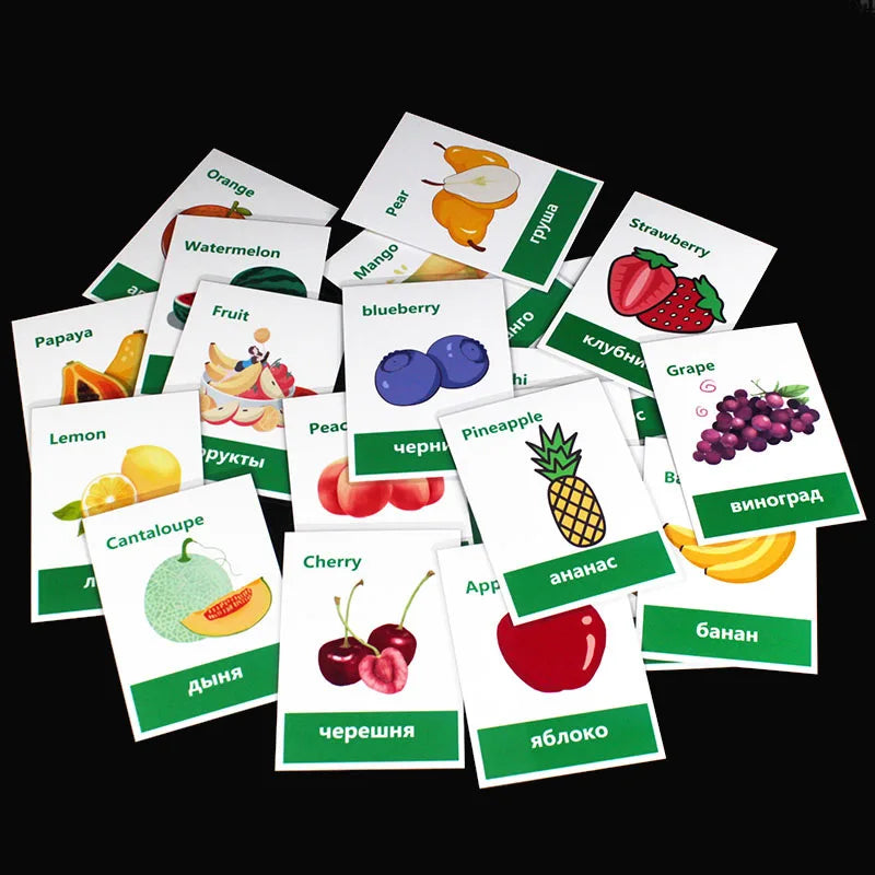 64pcs Russian Animals/Vegetables/Fruits/Number English Learning Card  Learning Early Education Children's Games Word Pocket Card
