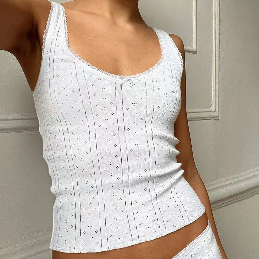 Rounded Neck Lace Hollow out Tank Top And Shorts Set Home Clothes Breathable Summer Sleepwear for Young Women