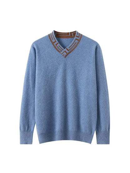 Autumn and winter new men's V-neck 100% pure cashmere sweater thick long sleeve contrast cashmere knitting fashion.