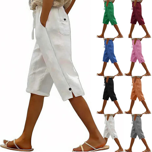 2026 summer new European and American solid color fashionable casual cotton and linen loose women's cropped pants summer Pants