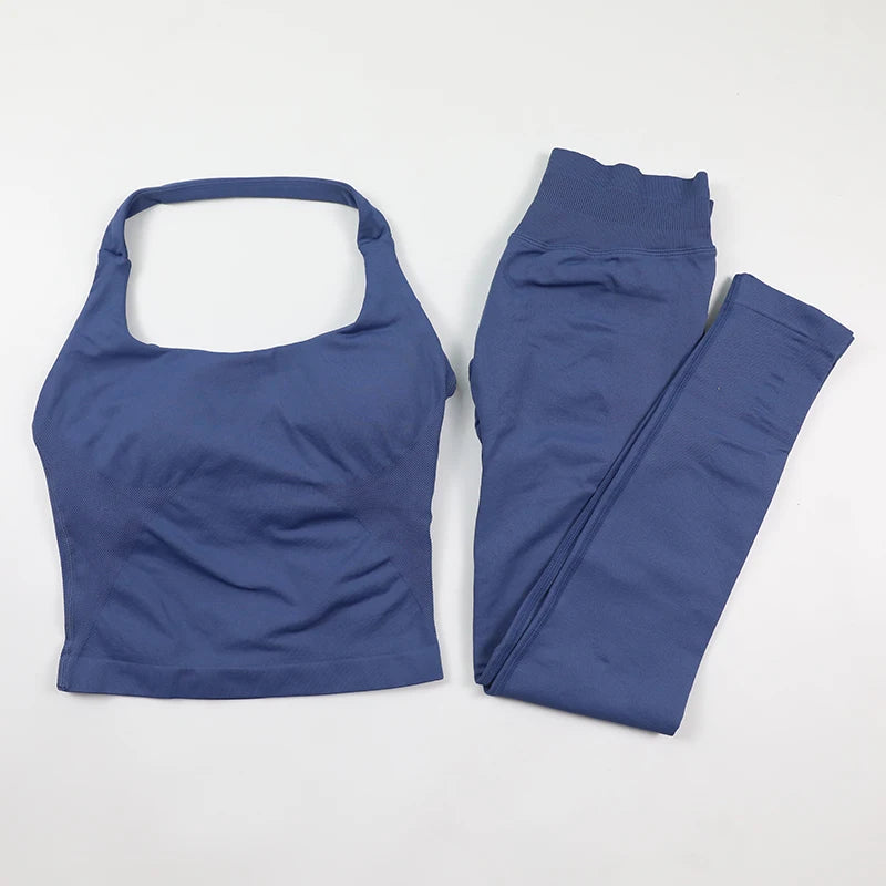 Women's Halter Neck Backless Yoga Set Seamless 2-Piece Outfit Ribbed High-Waist Scrunch Shorts Butt Lifting Gym Pilates Fitness
