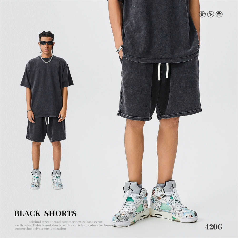 ZODF Trendy Batik Washed 420gsm Cotton Shorts For Men Retro Unisex Basic Heavy Weight Loose Solid Shorts Brand Bottoms HY0855