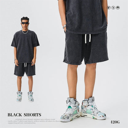 ZODF Trendy Batik Washed 420gsm Cotton Shorts For Men Retro Unisex Basic Heavy Weight Loose Solid Shorts Brand Bottoms HY0855