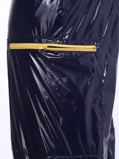 Men Oil Glossy Cargo Shorts Waterproof Elastic Waist Band Multi-pocket Zipper Overalls Capri Pants Dance Clubwear Beach Swimwear