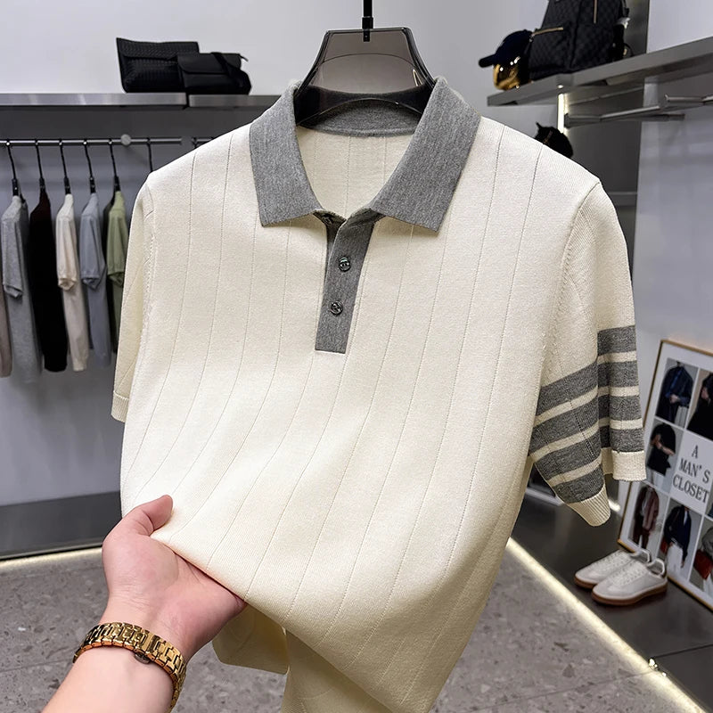 Quality Designer Brand Men Short-Sleeved Knitted Shirt Lapel Button Flax-Containing British Style Summer Leisure Men's Clothing