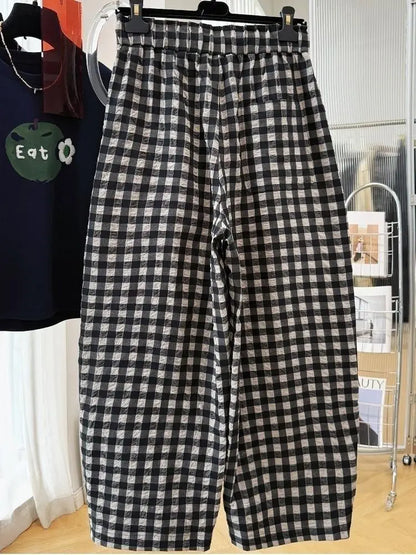 Women Korean Plaid Harem Pants Summer Linen Cotton Elastic Waist Cropped Pants High Grade Casual Loose Fashion Daily Trousers