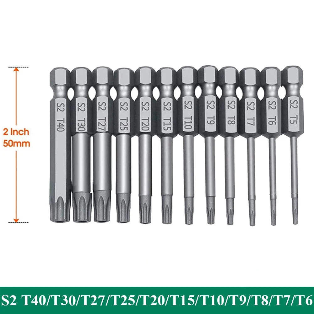 11PCS Torx Head Screwdriver Bit Set Magnetic 1/4" Hex Shank S2 Steel 3 Inch Long Drill Bits Security Torx Bits T6-T40 50/100mm