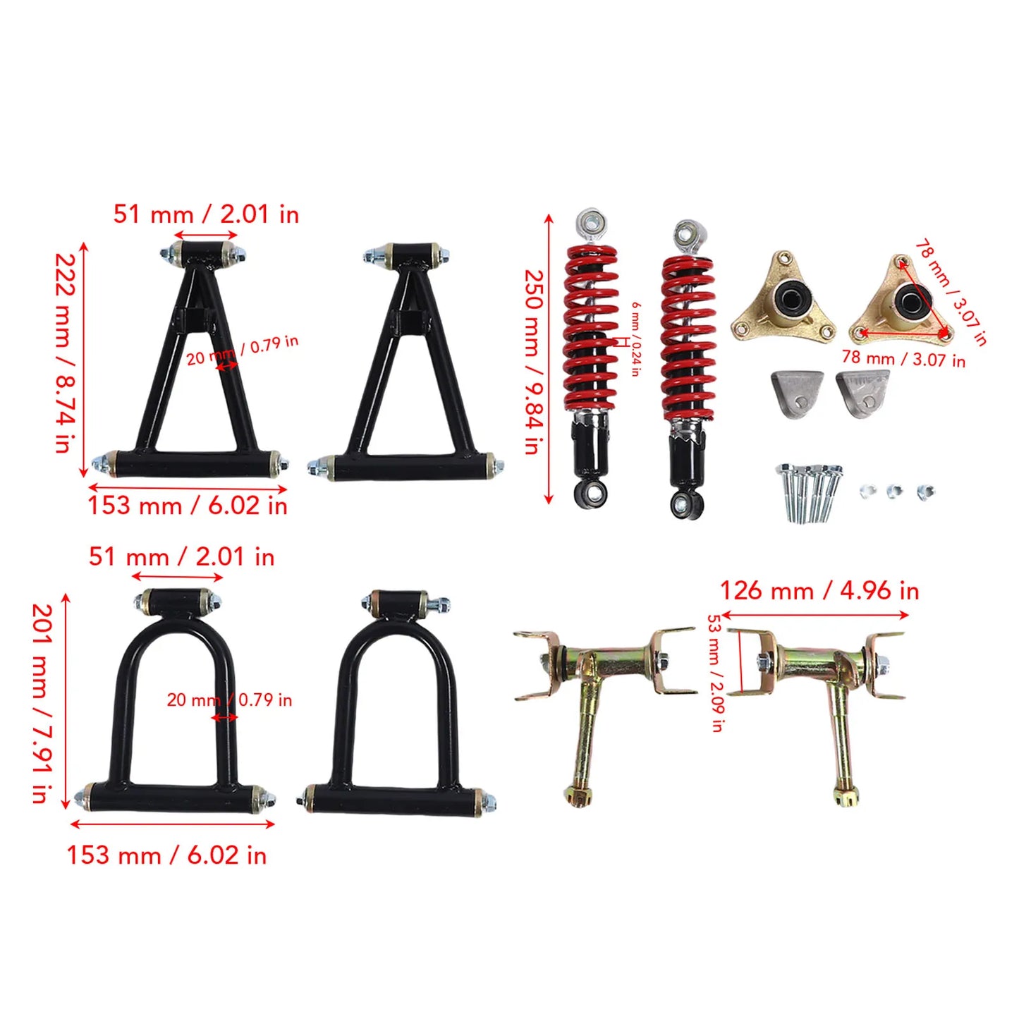 Front Suspension Arm Kit High Strength Enhanced Stability Comfort Upper and Lower Swingarm and Suspension Shock Kit for ATV Quad