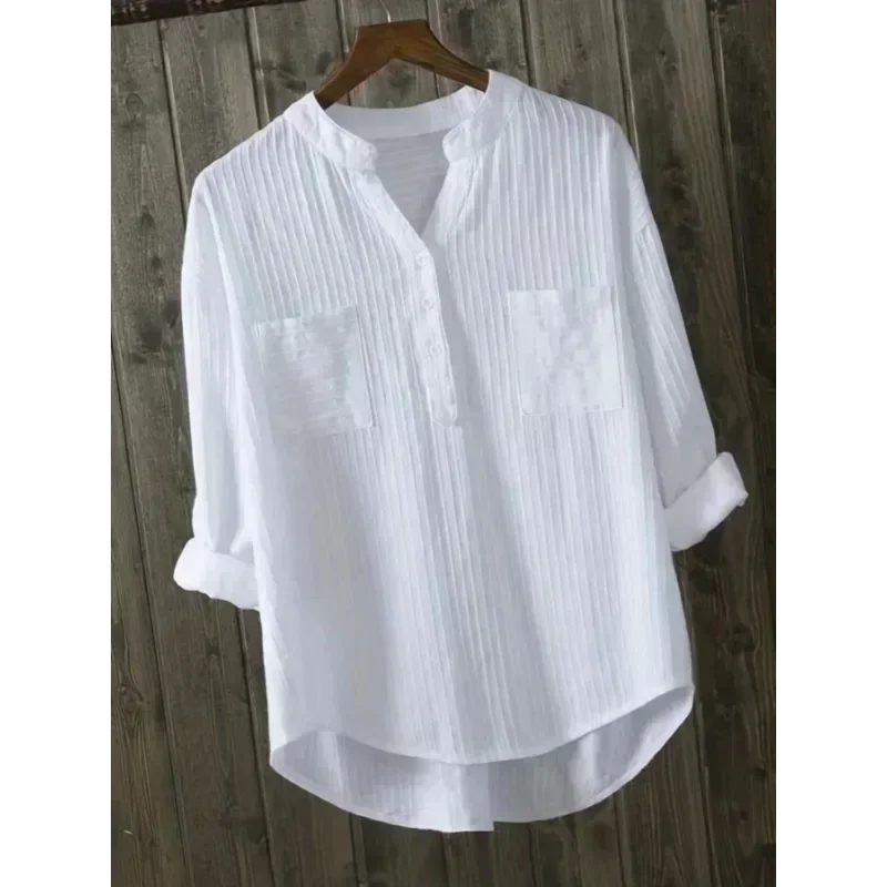 Plus Size Shirts Women's Cotton Tops Mujer Office Long Sleeve New Korean Loose Casual Vertical V-neck Shirts Top Blusas De Mujer