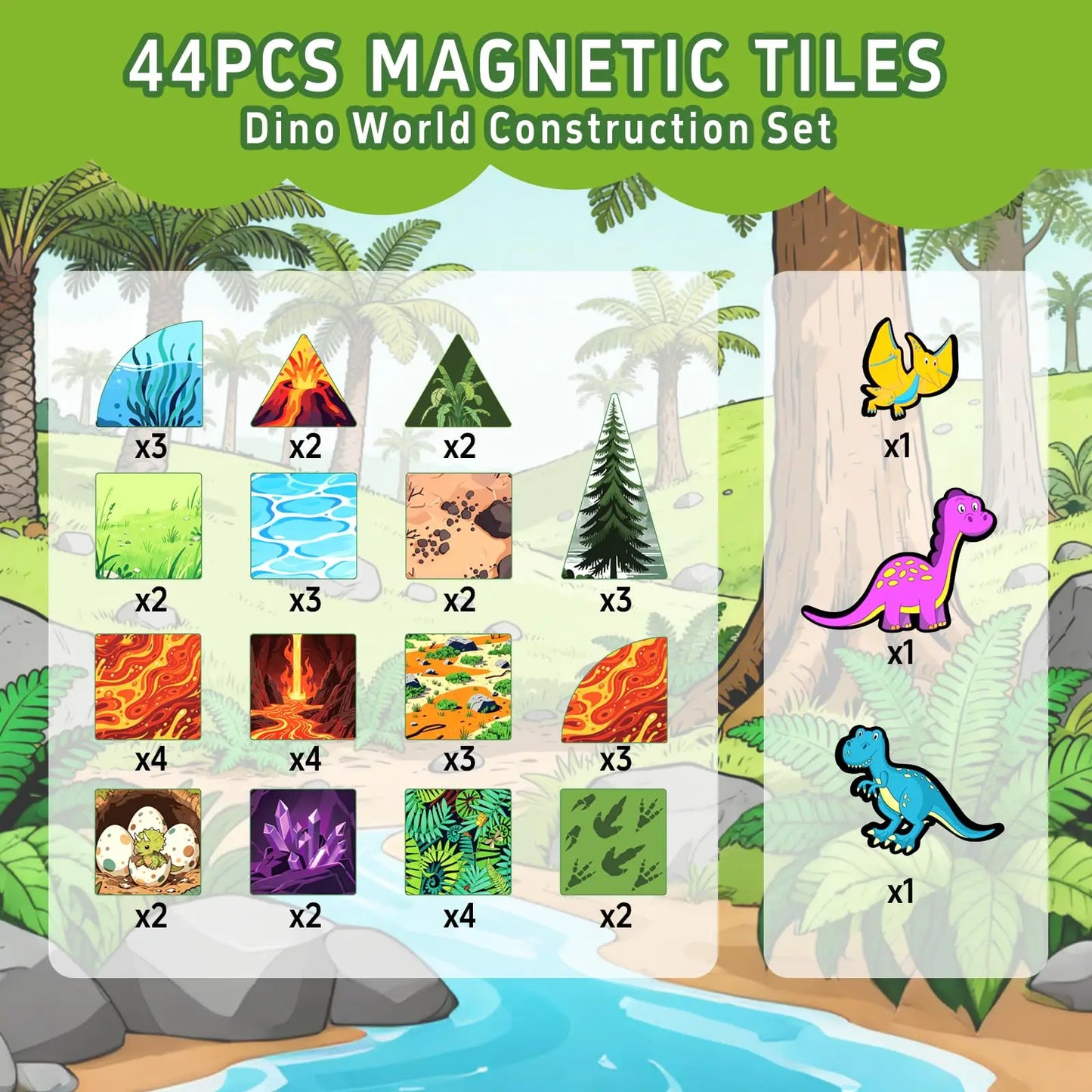 Dinosaur Magnetic Building Blocks, 44PCS, Creative 3D Tiles Set, STEM Educational Toys, Kids Birthday Gift.