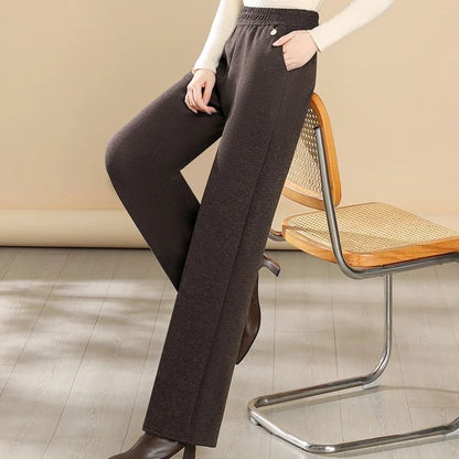 High Waist Thickened Fleece Lined Woolen Pants for Mom Casual High Waist Wide Leg Trousers Spring Autumn Winter Style
