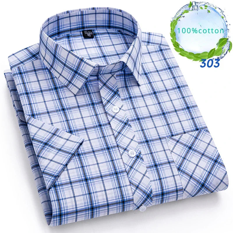 New in Shirt Over Size 100% Cotton Thin Summer Short Sleeve Shirts for Men Slim Fit Plain Shirt Plaid Soft Korean Popular Clothe