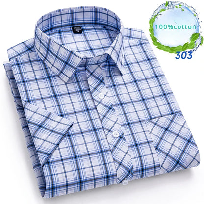 New in Shirt Over Size 100% Cotton Thin Summer Short Sleeve Shirts for Men Slim Fit Plain Shirt Plaid Soft Korean Popular Clothe