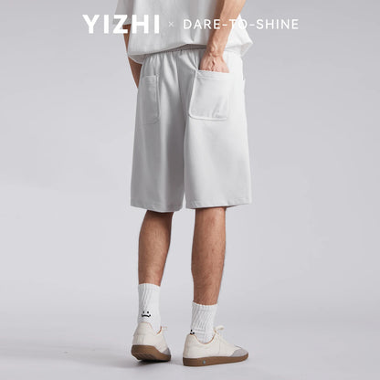 Men's Draped Ice Silk Casual Shorts Summer Solid Color Loose Drawstring Elastic Waist Wide Leg Five Points Sports Middle Pants