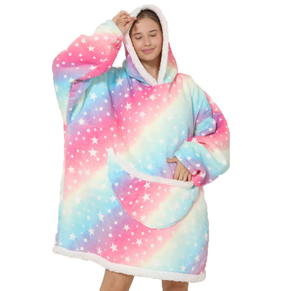 2024 Cartoon Oversized Hoodie Blanket with Sleeves Winter Warm Fleece Sweatshirt Cow Hoodies Women Men Korean Funny Print Hoodie