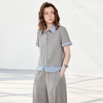 TOYOUTH Women Color Block Patchwork Two-Piece T-Shirt and Wide Leg Pants 2026 Summer New Sporty Two-Piece Set