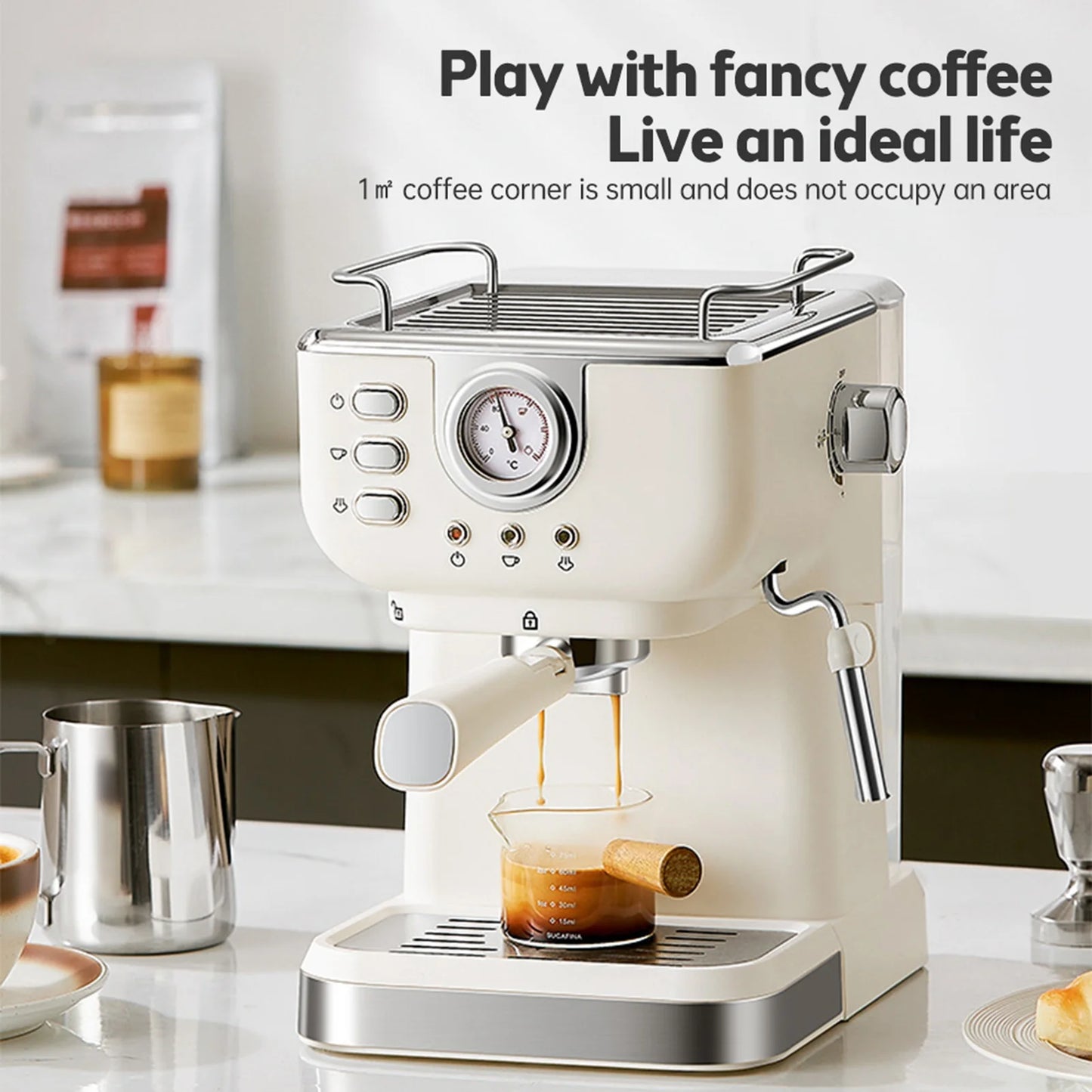 Coffee Maker 1050W 1.5L Large Capacity Semi Automatic 20bar High Pressure Extraction Coffee Machine for Home Cafes
