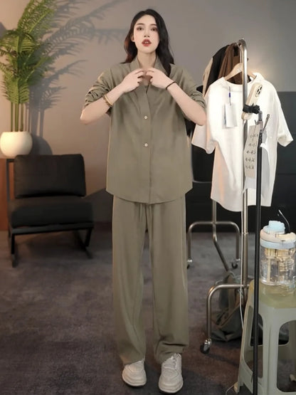 Casual Linen Silk Men Women Set Spring Summer Fashion Straight Leg Pants Long Sleeve Shirt Outerwear Two Piece Set Couple Out...
