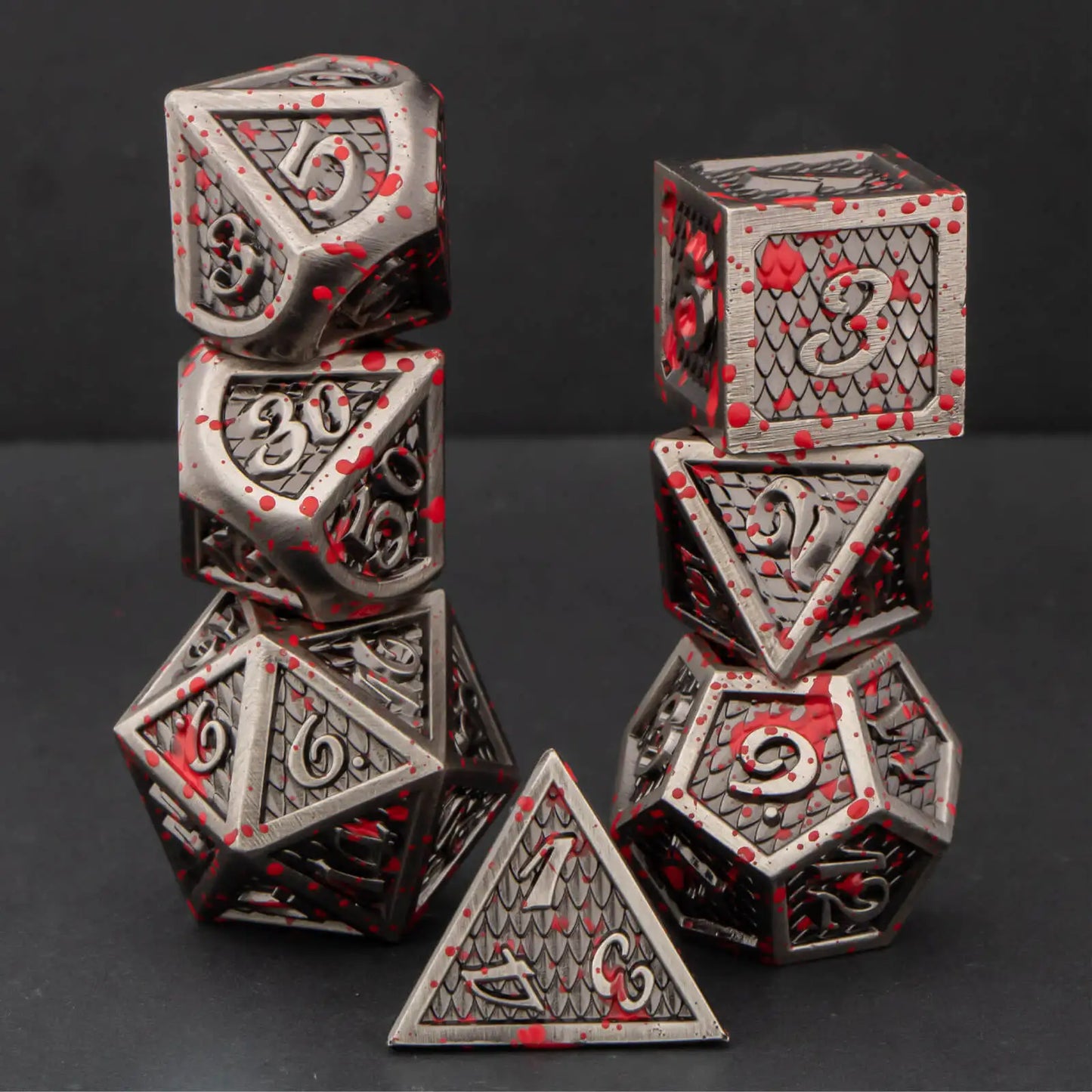 DND Metal Dice Set Black Red Dungeon and Dragon scale Dice D&D Polyhedral Dice RPG D and D Role Playing Games Dice