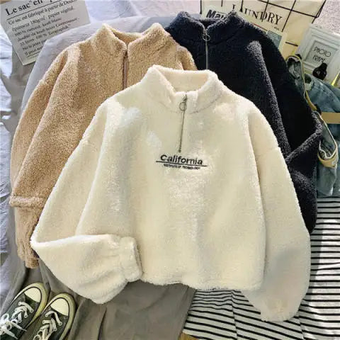 Autumn Winter Fleece Lined Half Zip up Stand Collar Sweatshirt Women's Loose Short Style Lamb Velvet Student Top Coat
