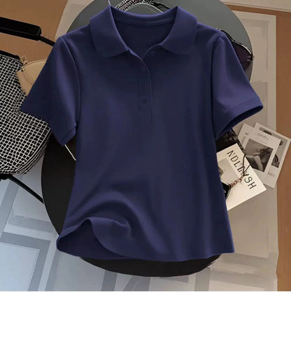 Loose Fit Women's  Neck Short Sleeve Cotton T-Shirt Casual Button up Top Korean Style Summer Fashion Ladies' Shirt