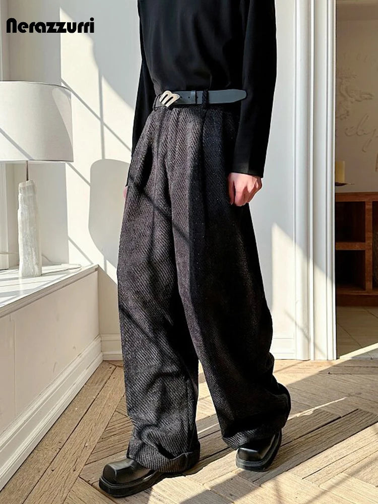 Nerazzurri Spring Autumn Long Velvet Wide Leg Pants for Men High Waist Loose Casual Flowy Soft Luxury Menswear Clothing 2026