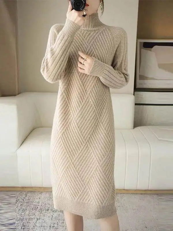 Thickened Winter Knitted Dress Women's Midi Knee-length Loose High-neck Fashionable Base Layer Dress Pure Color Long Sleeve