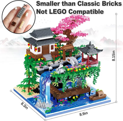 MOC Mini Building Block Set Peach Blossom Pool Chinese Architecture Cherry Bonsai Japanese Cherry Tree House Lantern Gift Toy