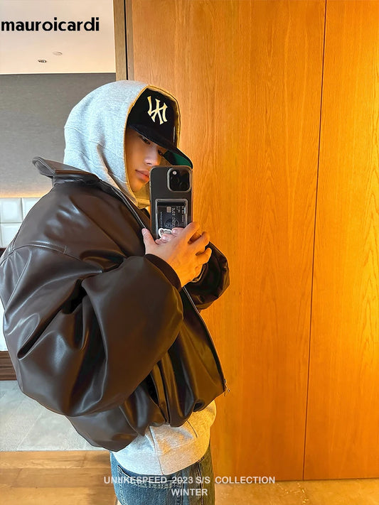 Mauroicardi Spring Autumn Cool Handsome Oversized Short Thickened Warm Soft Black Pu Leather Jacket Men Luxury Designer Clothes