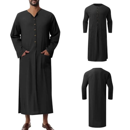 Middle Eastern Mens Thobe Dubai Style Loose Stand Collar Long Sleeve Robe Traditional Islamic Wear