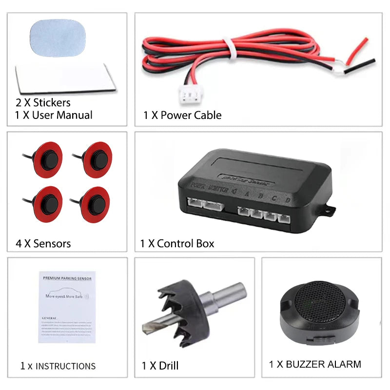 12V 16.5mm Flat Probe Parking Sensor Kit 4 Sensors Buzzer Detector Reversing Radar Universal Auto Auxiliary Safety Accessories