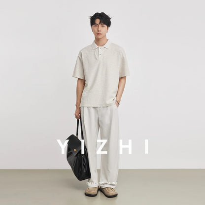 2026 Summer Men's 220g Heavyweight Waffle Polo Shirt Loose Lapel Breathable Soft Solid Color Basic Short Sleeve Tops