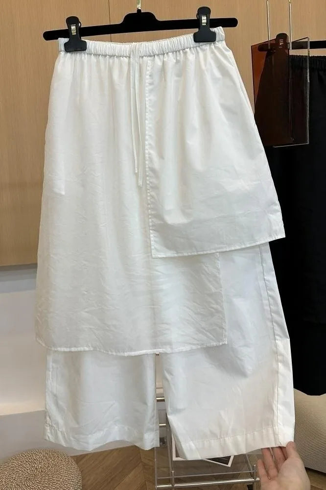 Summer European Style Women Two-piece Spliced Pants High Waist Loose Straight Leg Cropped Trousers Design Slim Casual Pants
