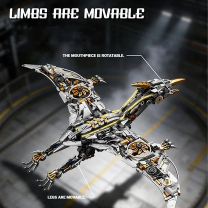 Mechanical Pterosaur Dinosaur Model Building Blocks Movable Limbs Rotatable Mouth Gear Structure Display Stand Toy Gift Adults