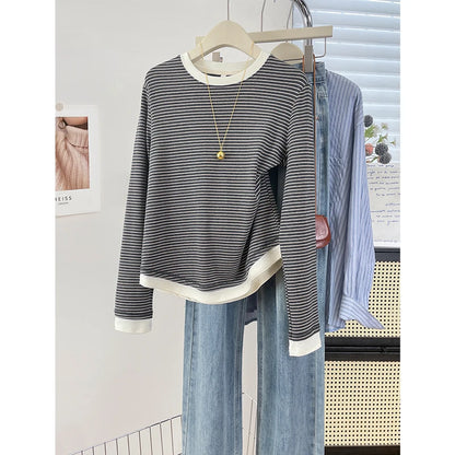 Spring New Style Color Block Long Sleeve round Neck Base Shirt Women's Retro Striped T-Shirt Asymmetrical Hemline Casual Cotton