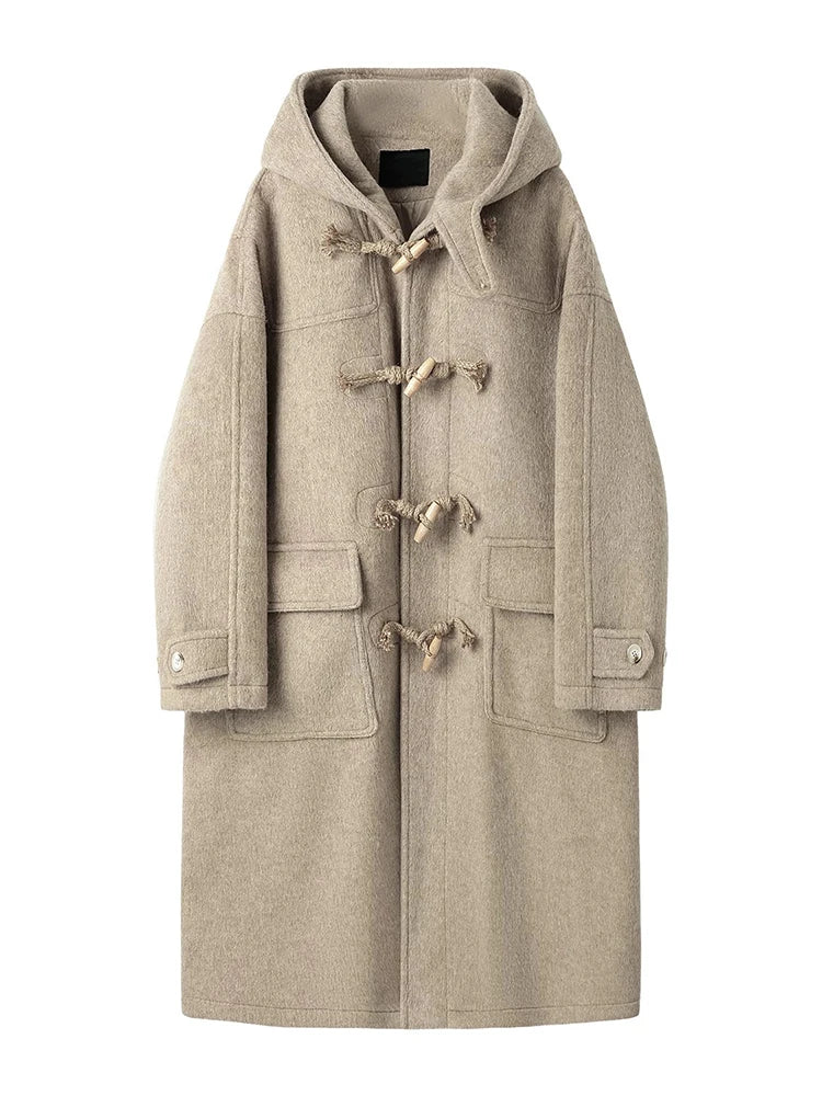 Japanese Style Woolen Coat with Horn Buttons Unisex Winter Loose Long Hooded Jacket Thickened Cotton Youthful Vitality Style