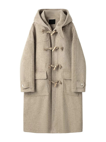 Japanese Style Woolen Coat with Horn Buttons Unisex Winter Loose Long Hooded Jacket Thickened Cotton Youthful Vitality Style
