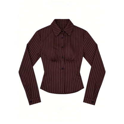 Spring and autumn new retro striped lapel button design slim fit blouse for women