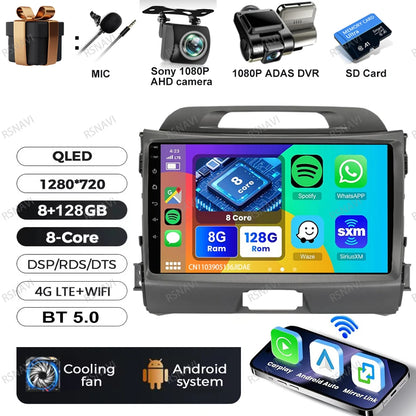 Car Radio Android 15 For KIA Sportage 2010 2011 2012 2013 2014 2015 2016 5G WIFI Qualcomm Navigation DSP Stereo Multimedia GPS