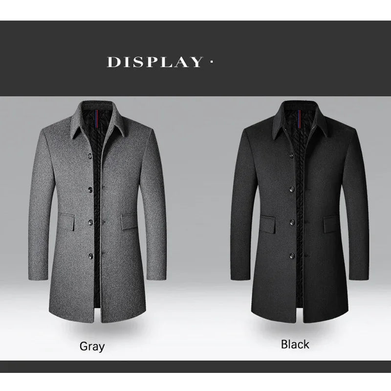 BROWON Brand Winter Coat Men 2026 Autumn Solid Turn-Down Collar Wool Long Jacket for Men New Business Casual Keep Warm Outerwear