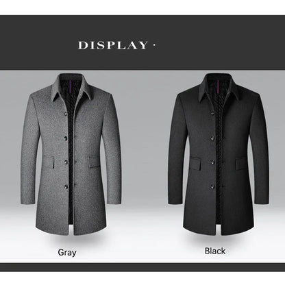 BROWON Brand Winter Coat Men 2026 Autumn Solid Turn-Down Collar Wool Long Jacket for Men New Business Casual Keep Warm Outerwear