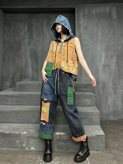 Distressed Color-blocked Denim Patchwork Hooded Vest + Jeans Two-piece Set Women 2026 Summer Stylish Fashion Suit XY324