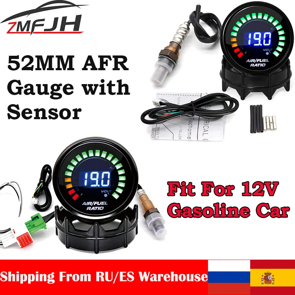 AD 52mm Air Fuel Ratio Gauge Voltmeter AFR Meter 2 In 1 Gauge with Narrowband O2 Oxygen Sensor Car Gauge Fit For 12V Racing Car