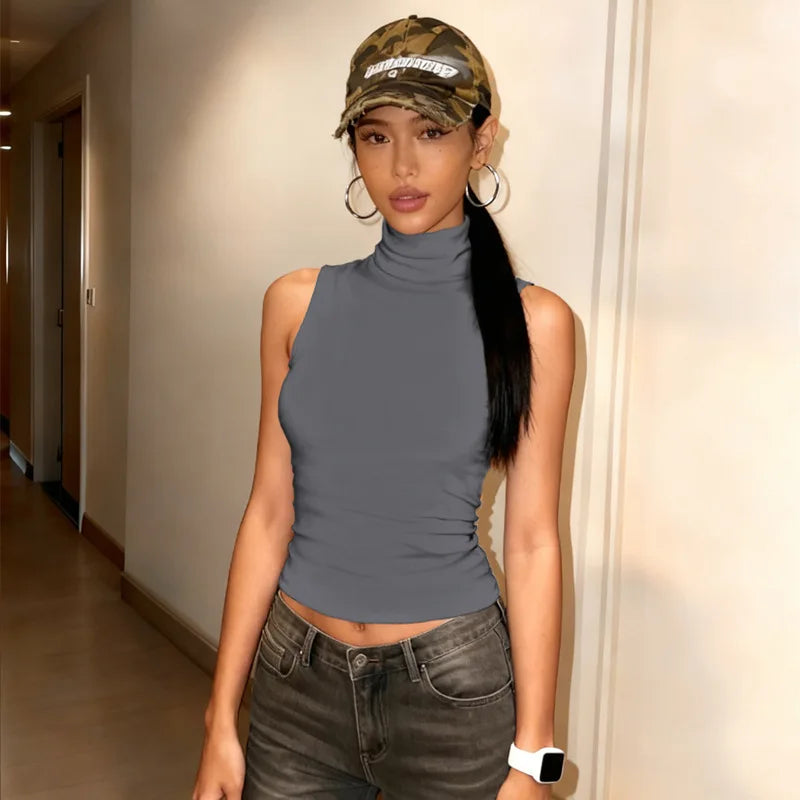 Women's Sexy Turtleneck Backless Tank Top 2026 Summer Fashion Solid Color Skinny Sleeveless T-Shirt Female Streetwear Crop Top