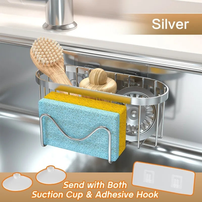 1PC No-Drill Wall-Mounted Stainless Steel Sponge Holder with Strong Suction Cup for Kitchen Sink Organizer